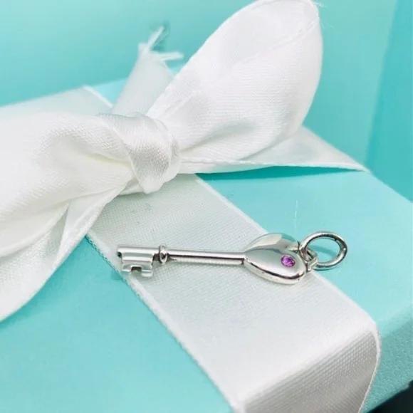 Tiffany & Co Heart Key pink sapphire  charm 925 silver w/box - Picture 4 of 5